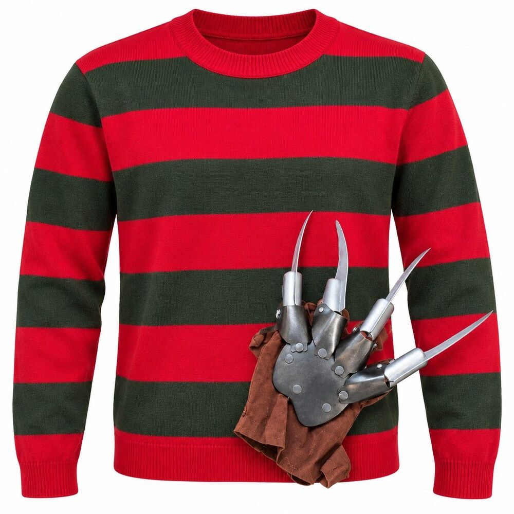Freddy Krueger Inspired Halloween Costume Striped Sweater Claw Glove Size L